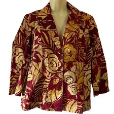 Chico s 2 Leaf Print Cotton Blend Jacket blazer Woman Size 12 Unlined 3/4 Sleeve