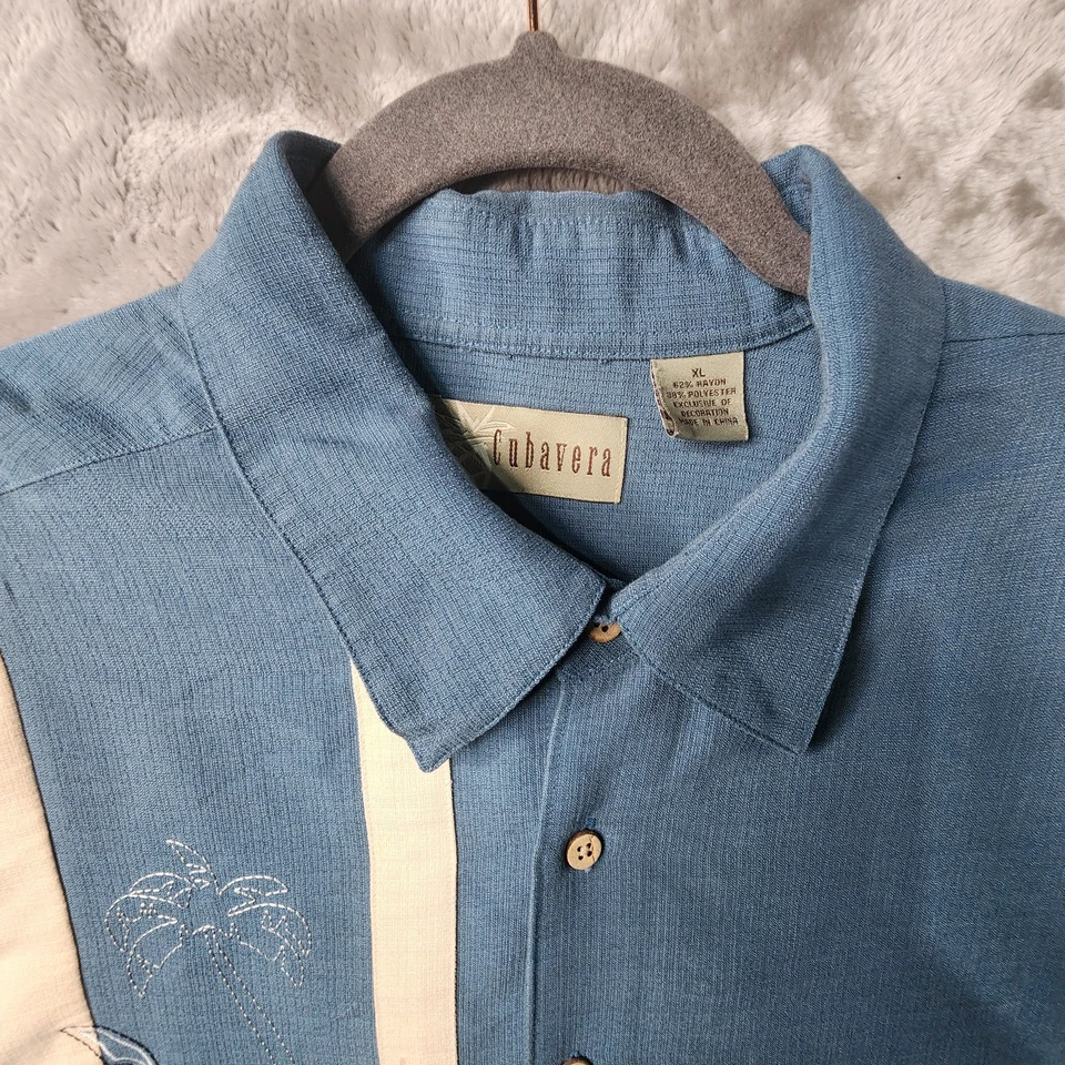 Рубашка вышитая мужская Cubavera Guayabera на пуговицах синий белый цвет блок XL - Изображение 4 из 4