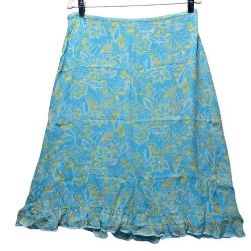 Oscar de la Renta, Gonna vintage Oscar de la Renta seta blu giallo floreale midi volant 12 cottage