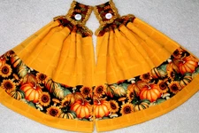 2 Double Crochet Premium Hanging Kitchen Towels ~ PUMPKINS & SUNFLOWERS