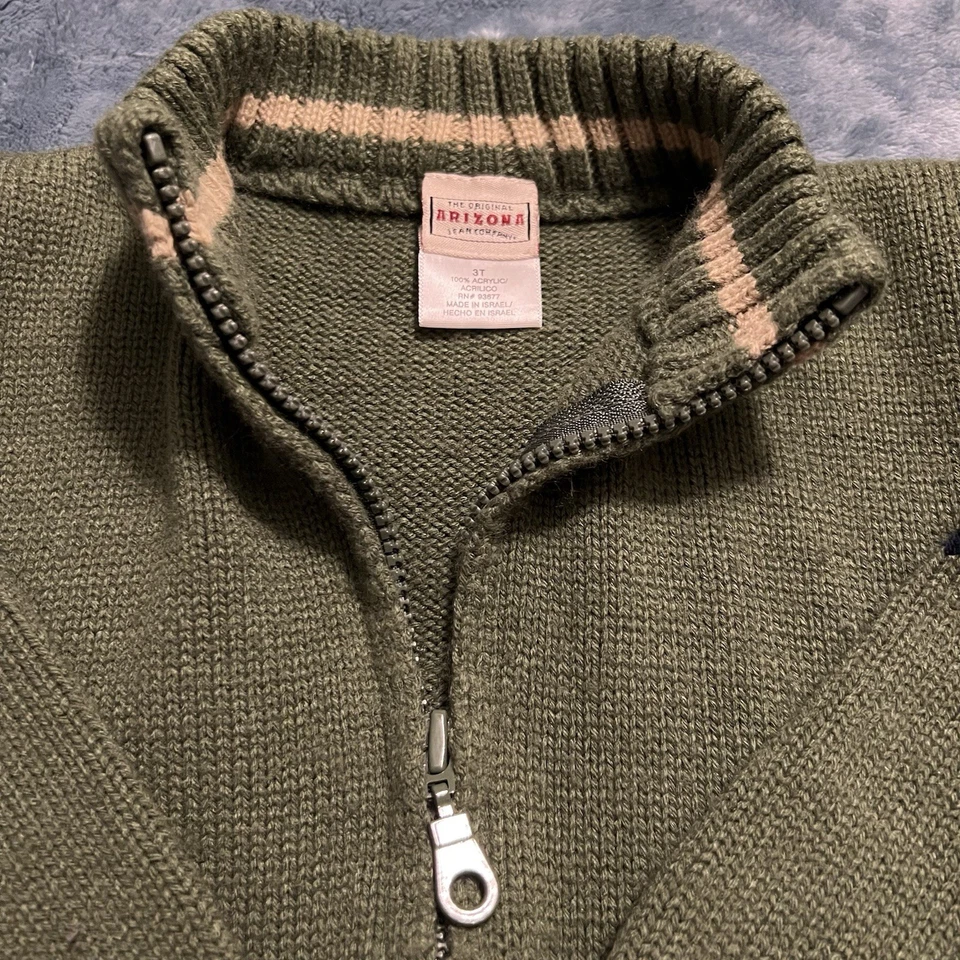 Arizona Jean Co. | Boy’s Olive Green Zip Up Sweater With Beige Trim | Size 3 T - Image 3 of 4