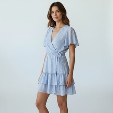 Shein Womens Small Dress V Neck Flowy Sleeves Pale Blue White Floral Polyester