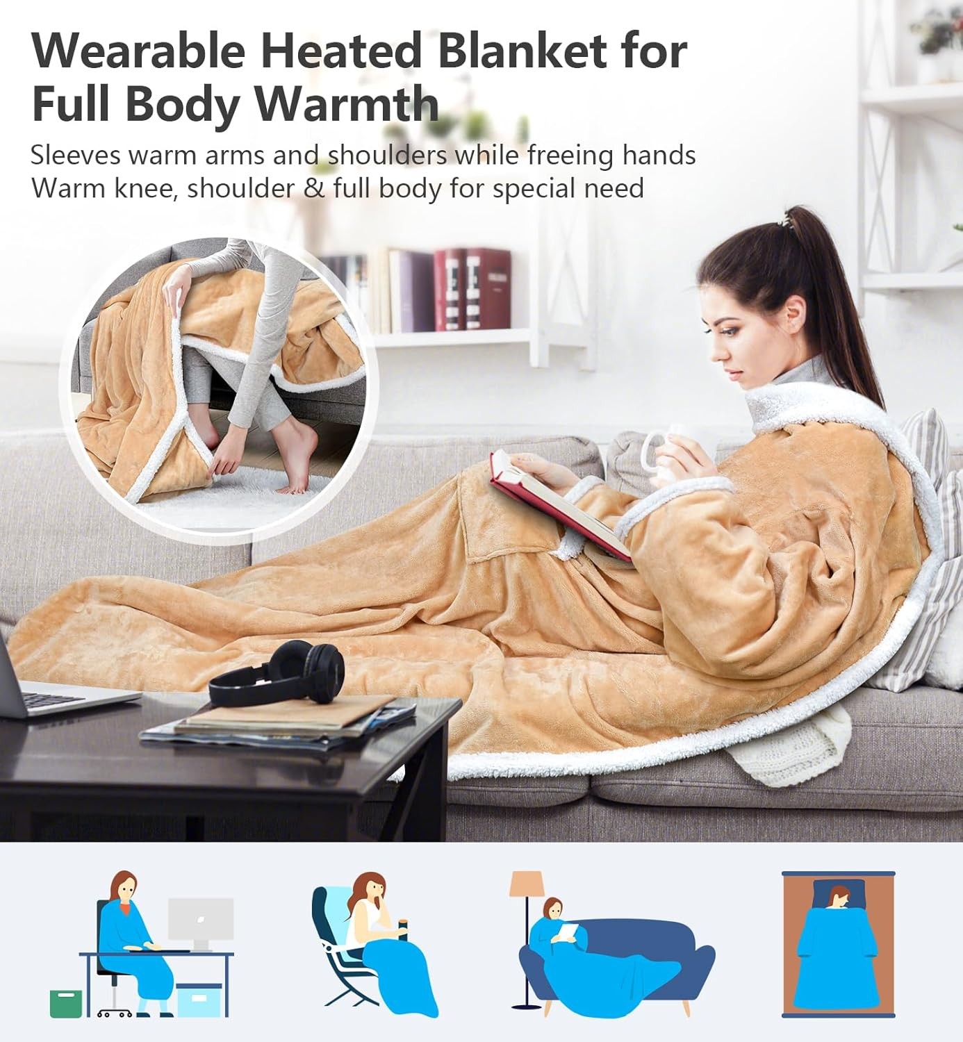 Wearable Heated Blanket Electric Snuggle with Foot Pocket/Sleeves, 59X70 Inch He