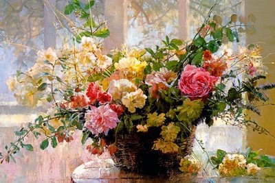 FROM THE ROSE GARDEN I ARRANGEMENT OF FLOWERS PAINTING BY LARISSA PSARYOVA REPRO