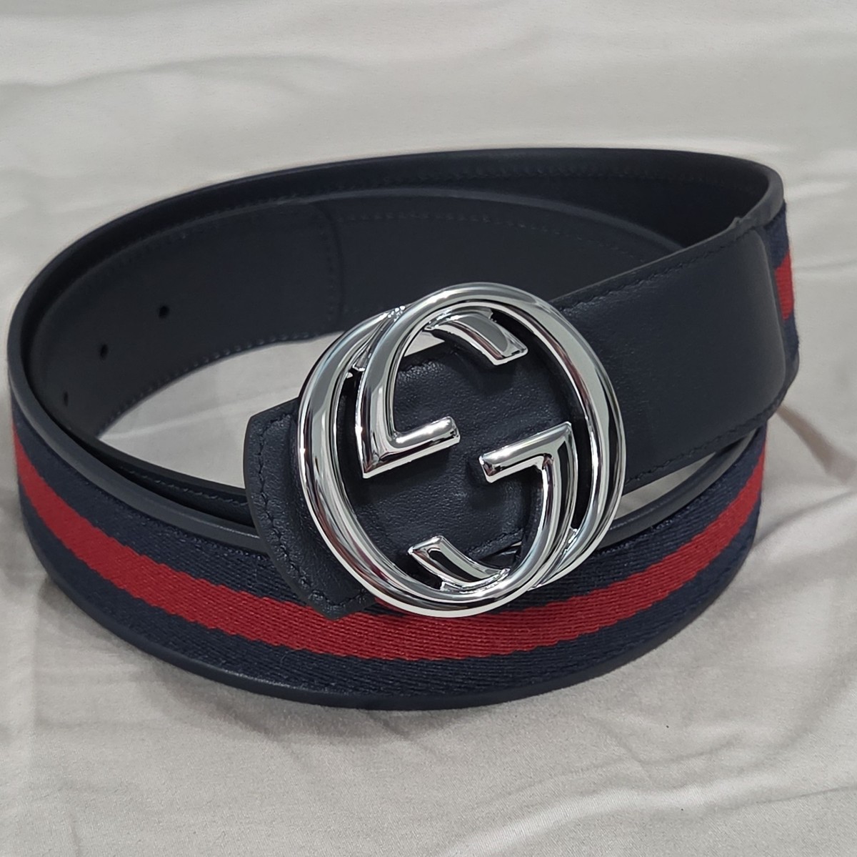 Authentic Reversible Gucci Navy Blue and Red Striped Belt Men Size