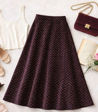 Vintage Velvet Midi Skirt Burgundy Geometric Print A-Line High Waisted 90s Retro