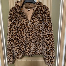 Leopard Print Faux Fur Hooded Jacket Oversized 2XL Zip Up