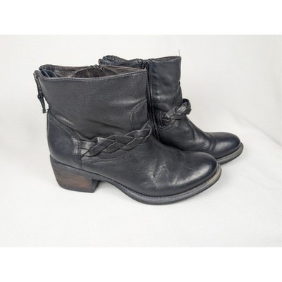 Minelli Black Leather Braided Ankle Boots Womens 37 Handcrafted Zip Up Moto Boot