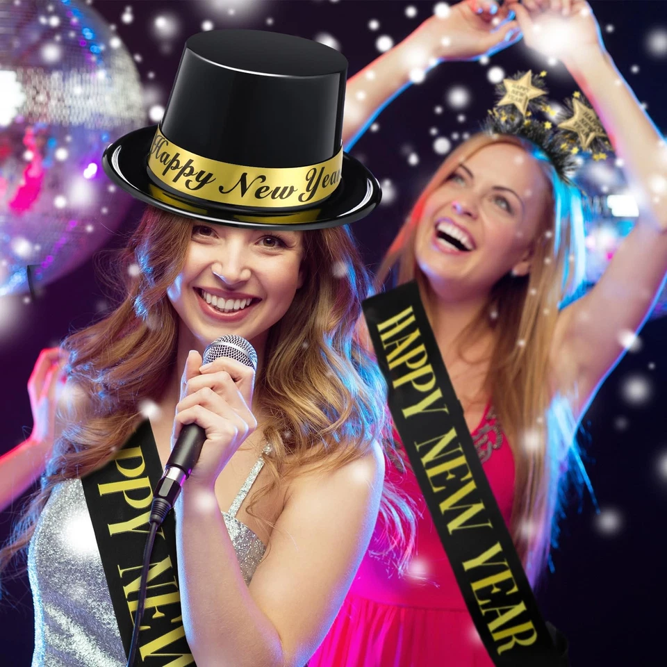 3 Piezas 2025 Suministros de Fiesta de Nochevieja Negro Dorado Sombrero Feliz Año Nuevo Headba... Foto 3 de 4