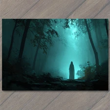 POSTCARD Ghost Forest Mist Teal Glow Haunting Eerie Woods Paranormal Spirit