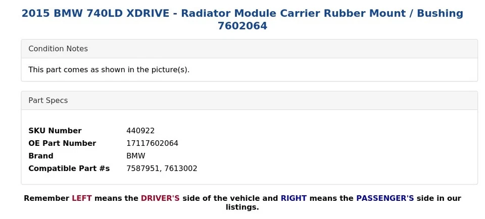 2015 BMW 740LD XDRIVE - Radiator Module Carrier Rubber Mount / Bushing 7602064 - Image 4 of 4