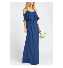Show Me Your Mumu Dress Sz Small Womens Navy Blue Caitlin Ruffle Maxi Bridesmaid