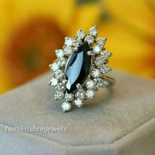 Marquise Cut 2CT Real Black Onyx Wedding Cluster Ring Women's 14K White Gold FN