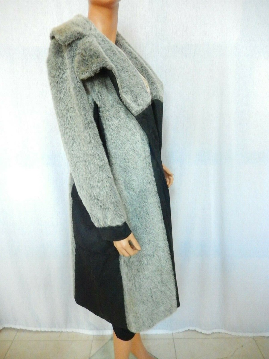 Manteau Long Vintage Betty Rose En Fausse Fourrure Noir Et Gris - Taille S, Occasion Très Bon état