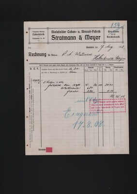 BIELEFELD, Rechnung 1908, Stratmann & Meyer Kuchen Cakes-Biscuit-Fabrik