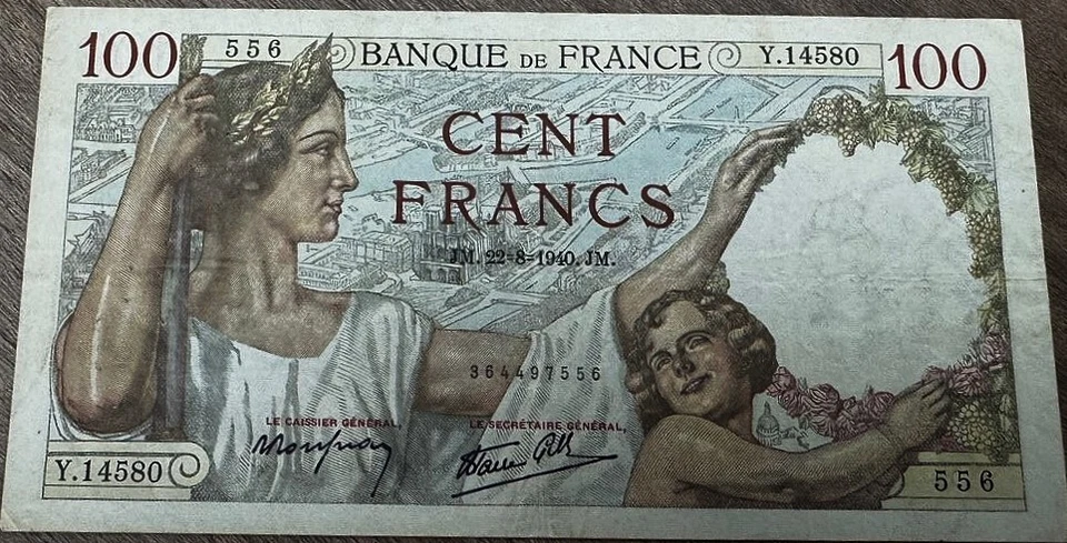 France 100 Francs 1940 Sully type 1939 VF+ folds, pinholes, stains. - Image 3 of 4