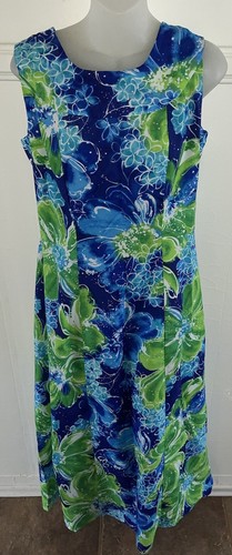 1960s 70s Pomare Hawaii Blue Green Tropical Floral Hawaiian Maxi Dress 12 Large - Picture 7 of 8