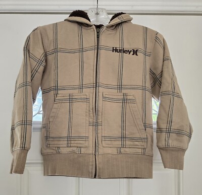 Hurley Winter Jacket Boys Youth XS 5/6 Beige Plaid Sherpa Lined Pocket Zip Hood