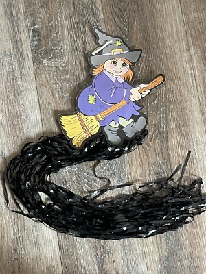 Vintage Flying Witch on Broomstick Black Fringe Halloween Cardboard Die Cut 