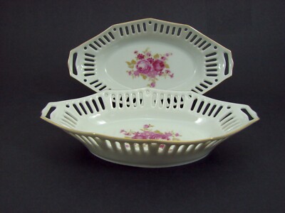 2 Lichte Fine China 7'' Pierced Porcelain Bowls Small Floral Bowl with Pink Roses
