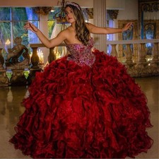 Luxury Red Long Quinceanera Dresses Ball Gown Beaded Ruffles Princess Sweet 16