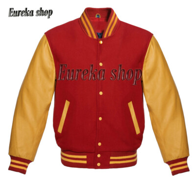 Varsity Letterman Bomber Baseball College Jacket Wool & Genuine Leather Sleeves 