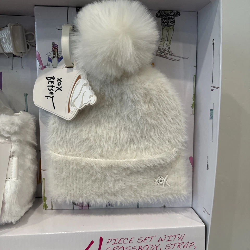 Betsy Johnson Cartera Regalo Caja 4 Piezas Bandolera Bolso de Mano Piel Blanca CONJUNTO SOMBRERO Foto 3 de 4