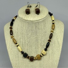 Brown Neutral Colors Wooden Necklace Dangle Earrings Set.