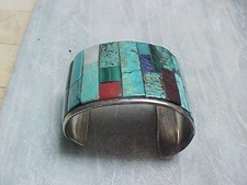 NAVAJO ESTATE STERLING MULTI STONES COBBLESTONE SIGNED INLAY 1.5 IN HIGH CUFF-NR