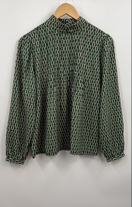 NWT Ann Taylor Women's Green Beige Chain Print Long Sleeve Blouse Top Size XS