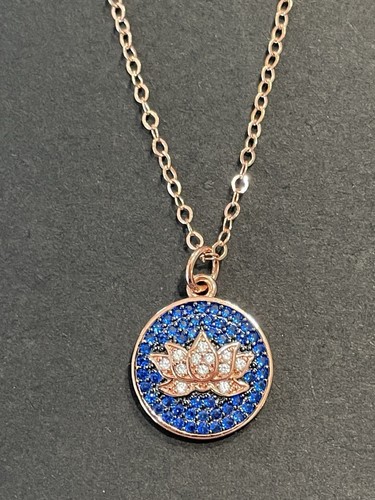 Round Sapphire & CZ Lotus Pendant and necklace 14k rose Gold Plated 925 - Picture 2 of 6