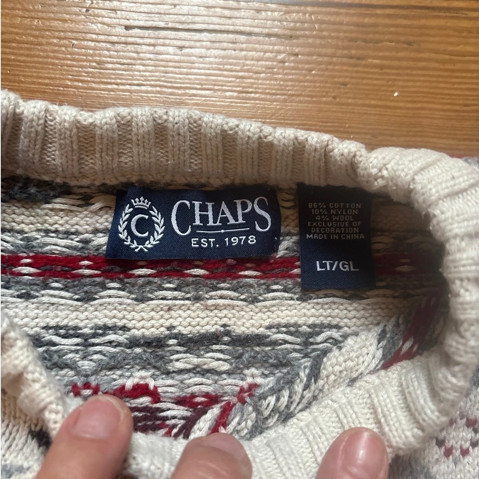 Chaps Invierno Beige Copo de Nieve Patrón Hombre Crew Suéter TALLA LT Foto 3 de 4