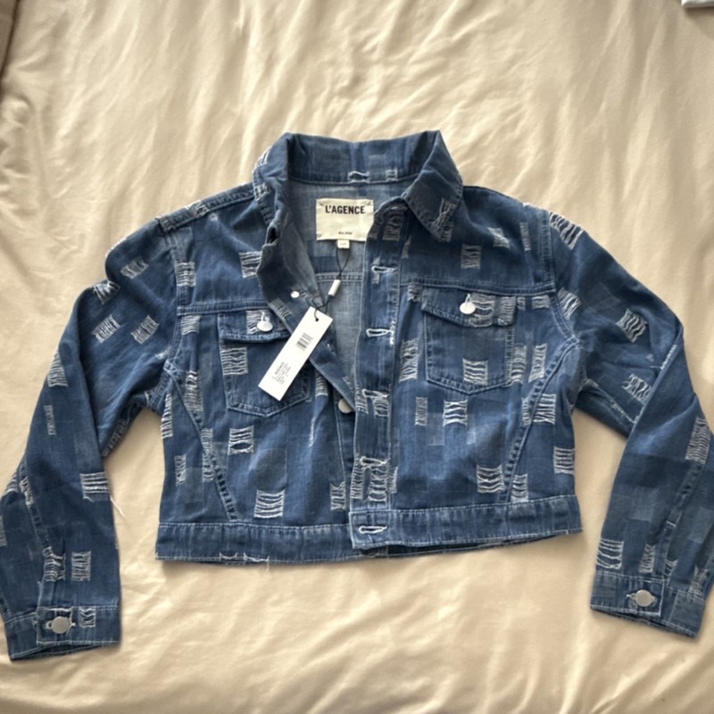 L'AGENCE Koda Crop Mix Distressed Collared Denim Jacket Blue Button Pockets S
