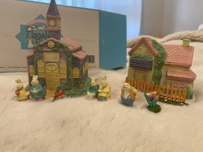 Hopalong Hollow Rabbit Village Set Resin Hand Painted Easter Figurines Box