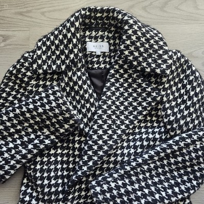 Reiss Celia Puppytooth Check Wool Alpaca Blend Long Overcoat Jacket Size 2 Black
