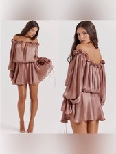 NEW House Of Cb Hazelnut Chaya Off Shoulder Chiffon Blouson Long Sleeve dress S
