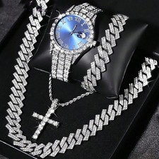 Hip Hop Silver Plated Luxury Watch Iced Cuban Chain Cross Necklace Bracelet Gift