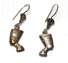 Vintage Egyptian Sterling Silver Queen Nefertiti Double Sided Earrings 1.75" #37