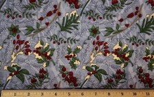DEBBIE MUMM Fabric - Winter Leaves  Berries on Blue - HALF yard 18" 