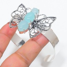 Aqua Chalcedony Gemstone 925 Sterling Silver Adjustable Cuff Bracelet For Gift