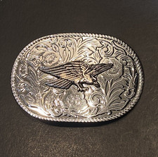 VTG Bald Eagle Belt Buckle Silver Gold Tone Oval Western Rockabilly Style 3.5"