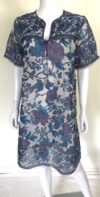 Vintage Indian Cotton Floral Gauze Dress | M L | Metallic Stripe Thread | Unworn