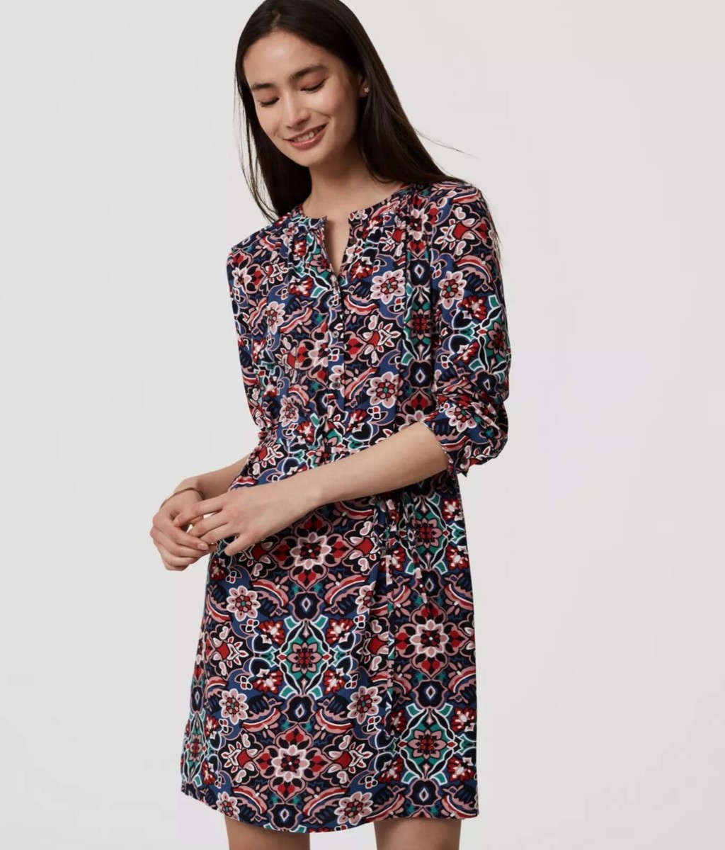 NWT Ann Taylor LOFT Long Sleeve Stained Glass Shirtdress Shirt Dress -  MEDIUM