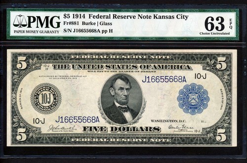 Fr.881 1914 $5 KANSAS CITY ☆BURKE-GLASS☆ PMG 63EPQ CHOICE NEW UNCIRCULATED RARE