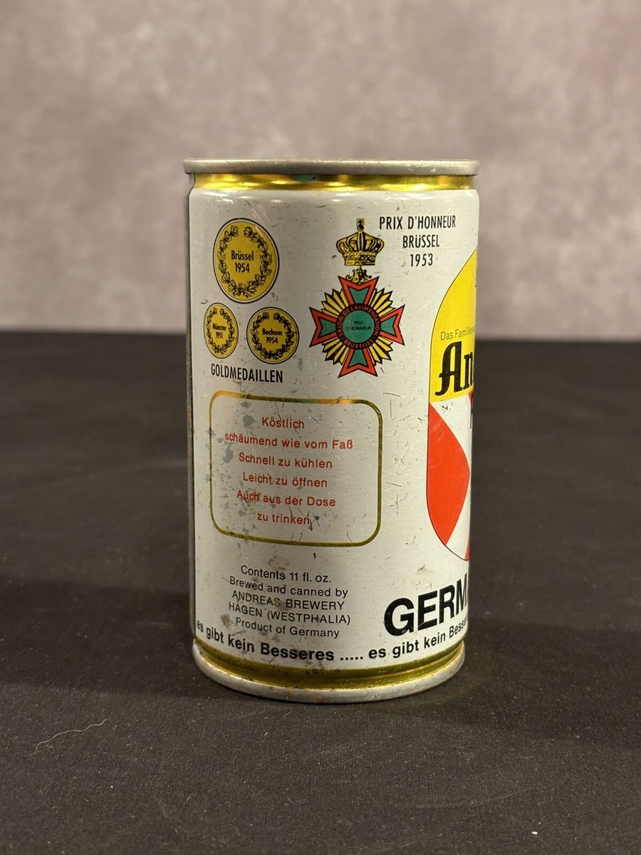 ANDREAS PILS GERMAN STEEL BEER CAN 11OZ 1970s Pull Tab HAGEN