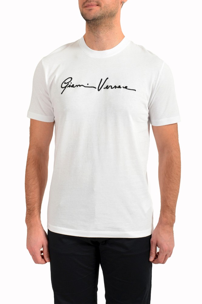 Versace Men's White Logo Print Short Sleeve Crewneck Shirt