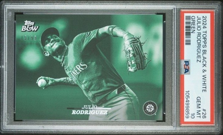Topps 2024 blanco y negro JULIO RODRIGUEZ verde/99 #26 SP SPA 10 gemas como nuevo marino
