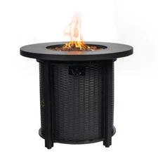 30''Round 40000BTU Steel Tabletop Rattan Pattern Propane Fire Pit Table with Lid