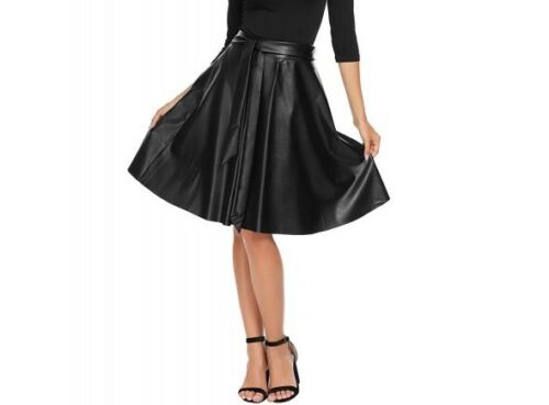 Women-039-s-Genuine-Leather-High-Waist-Skirt-Flared-Pleated-With-Belt