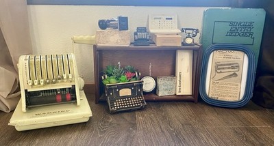 Vintage Office Desk Decor Lot Paymaster Check Writer Dictaphone Ledger Stamp